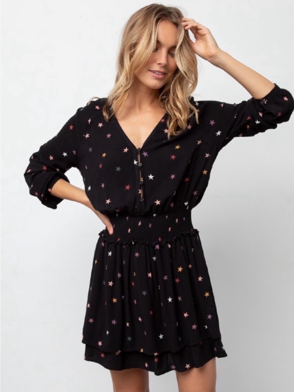 🌟 Rails Jasmine Ruffle Hem Dress Hazel Onyx Rainbow‎ Stars Black Dress Size M